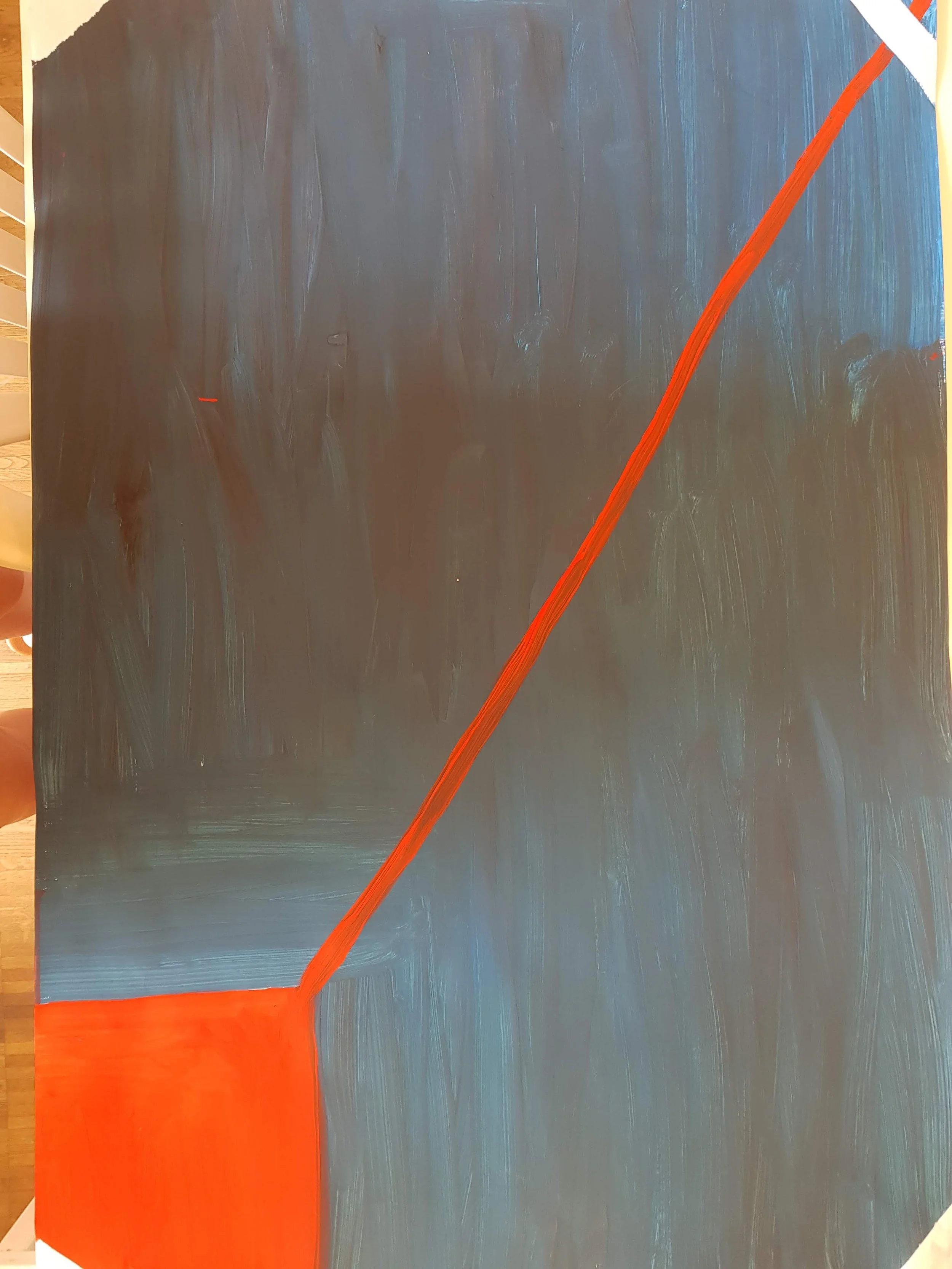 An abstract painting featuring a large red triangular shape at the bottom left corner, with a thin red line extending diagonally across a dark, textured background.