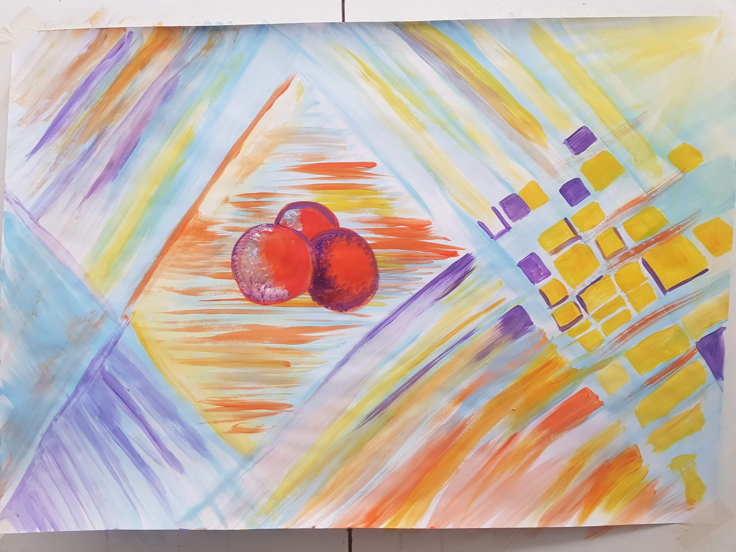 Abstract watercolor painting featuring geometric shapes. A central red and purple cluster of three circles with textured surfaces, surrounded by diamond, triangle, and square shapes in yellow, purple, and orange. Diagonal lines and strokes in pastel shades of blue, yellow, purple, and orange create a vibrant, dynamic composition.