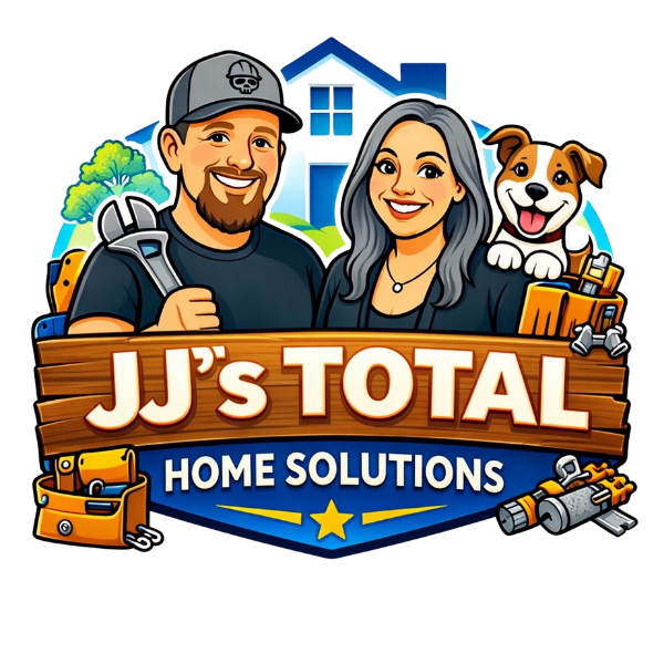 Logo for JJ's Total Home Solutions featuring a smiling man holding a wrench, a woman with dark hair, a playful dog, tools, and home illustrations.