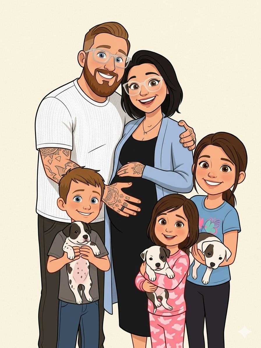 Digital drawing of a happy family, including a pregnant woman, a man, two young girls, and two puppies, all smiling and close together.