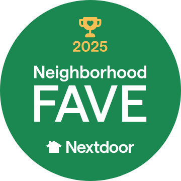 Green circular badge with a gold trophy icon and the text '2025 Neighborhood FAVE' and the Nextdoor logo.