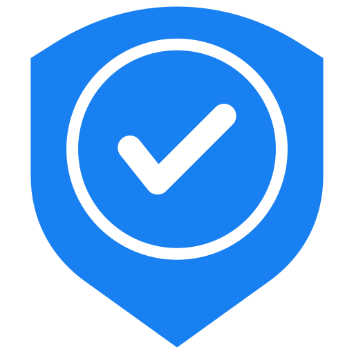 Blue shield with black check mark inside circle in the center