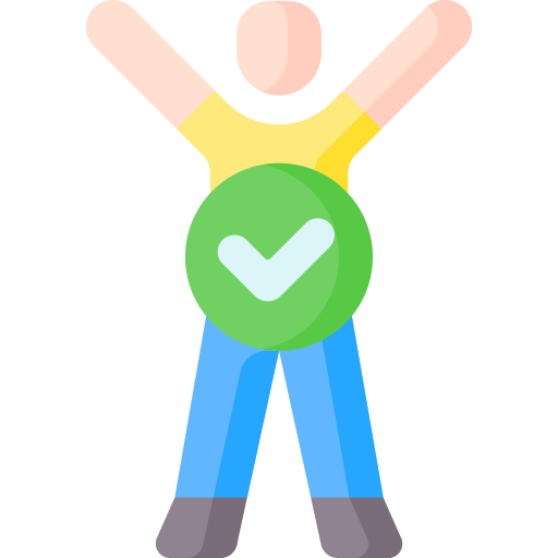 A cartoon illustration of a person with arms raised and a large green checkmark symbol on their stomach.