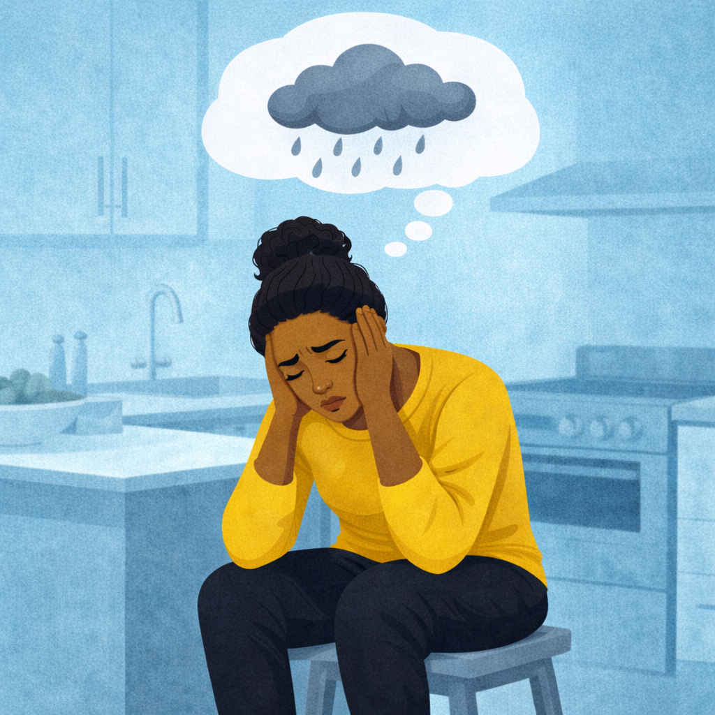 A woman sitting on a kitchen stool with her hands on her head, appearing stressed, with a thought bubble above her head showing a rain cloud with rain, indicating she is feeling down or overwhelmed.