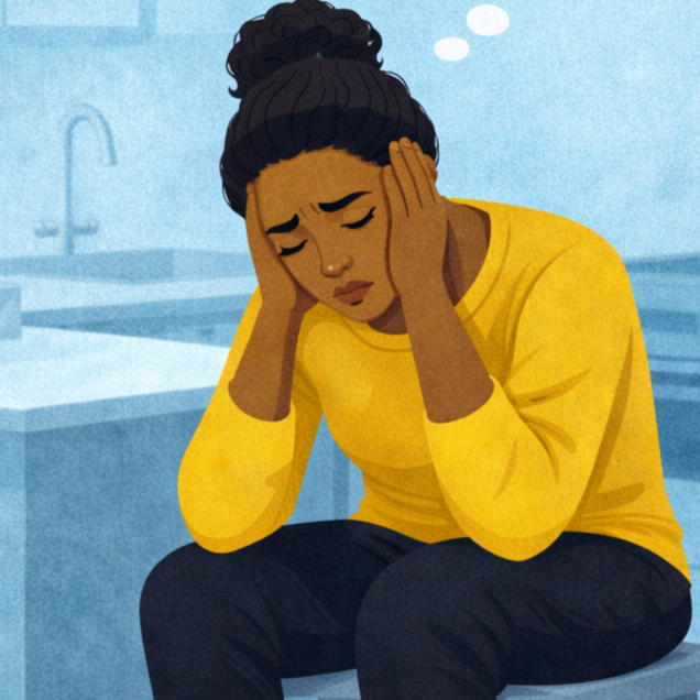 A woman sitting in a bathroom, holding her head with both hands, looking worried or distressed.