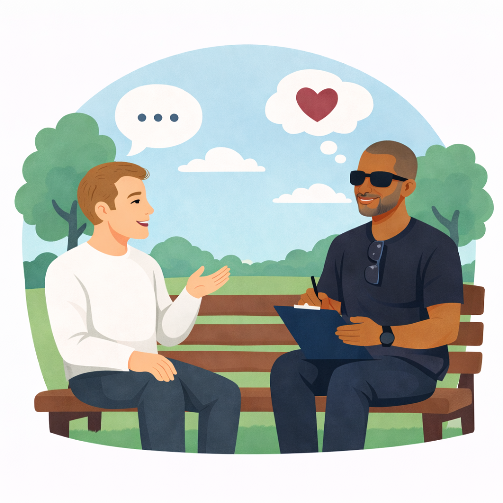 Two men having a conversation on a park bench with a background of trees and clouds, one man is smiling and talking, the other man is taking notes and smiling, with speech and thought bubbles above their heads.