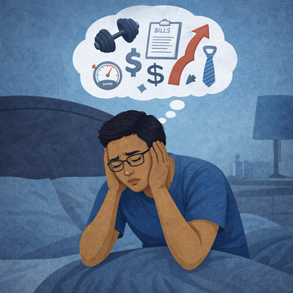 A worried man with glasses sitting in bed with hands on his head, thinking about bills, a clock, dollar signs, weightlifting, a rising arrow, and a tie, indicating financial stress and workout concerns.