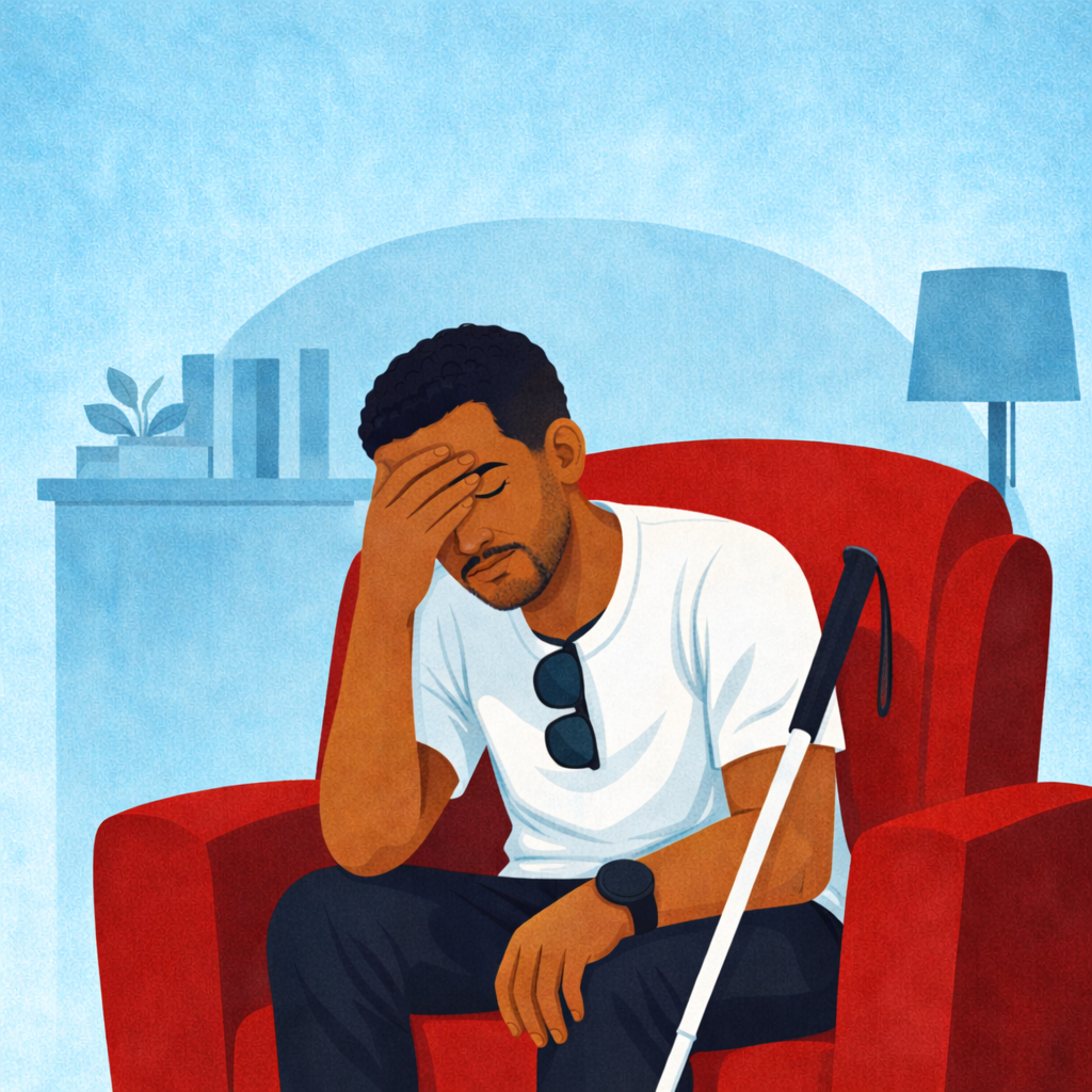 A young man with dark curly hair and a beard sitting in a red armchair, holding his forehead with one hand, wearing a white t-shirt, sunglasses hanging from his shirt collar, a black watch, and resting a crutch against his shoulder in a living room setting with a lamp, shelf, and books in the background.