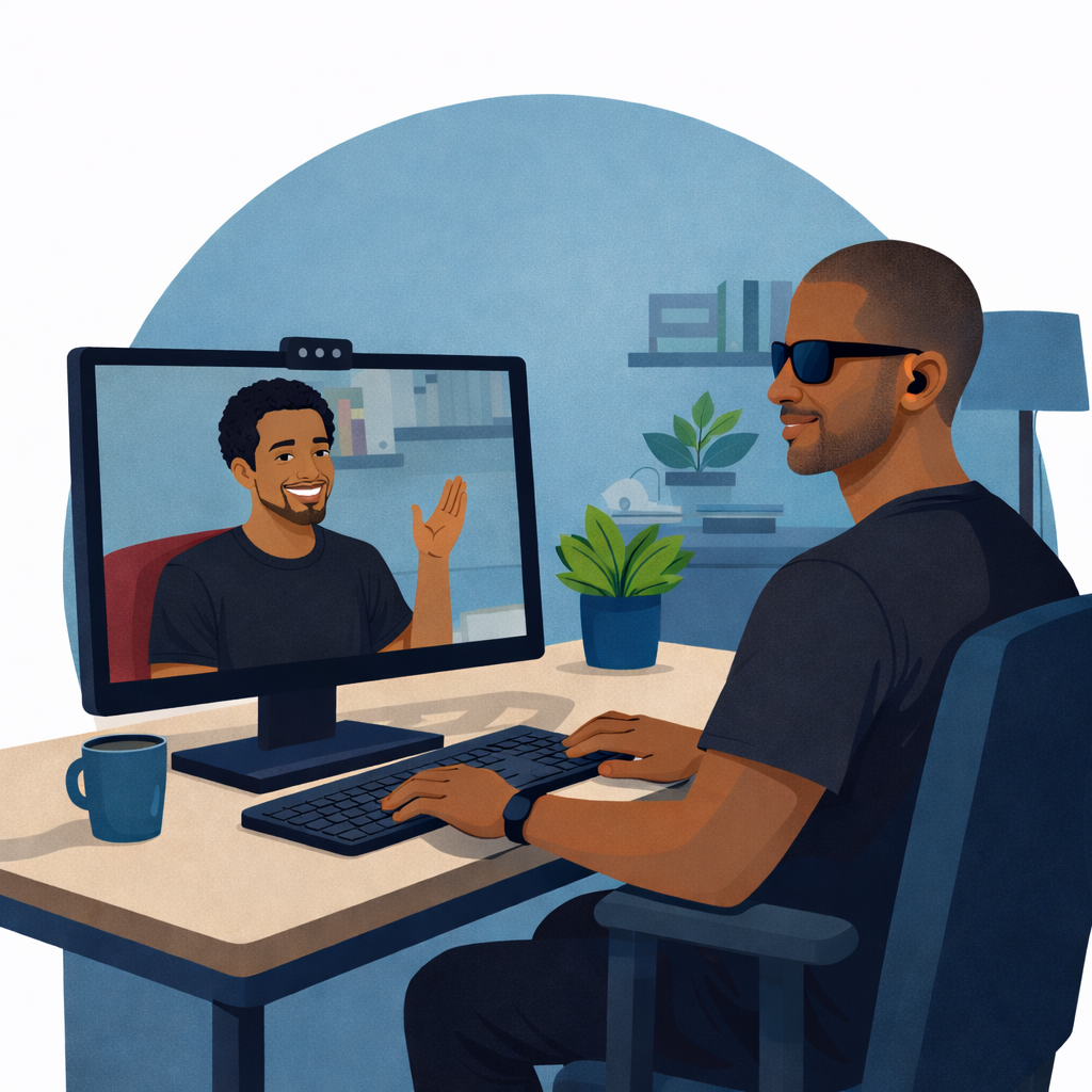 Man with sunglasses and earbud having a video call on his computer with another man who is smiling and waving.