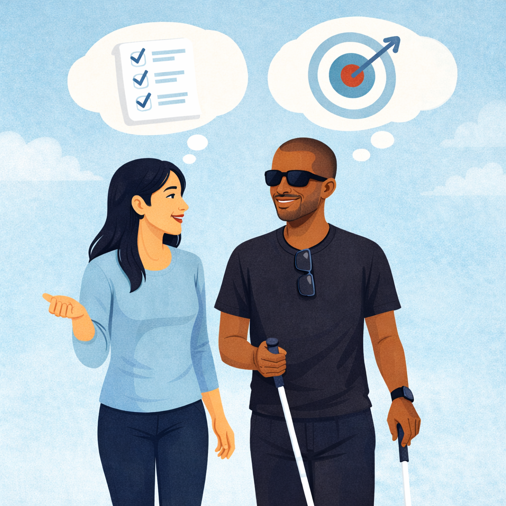 A woman and a man with sunglasses walking outdoors, engaging in conversation. They are thinking about completing a checklist and achieving goals, with illustrations of a checklist and a target with an arrow in the sky above them.