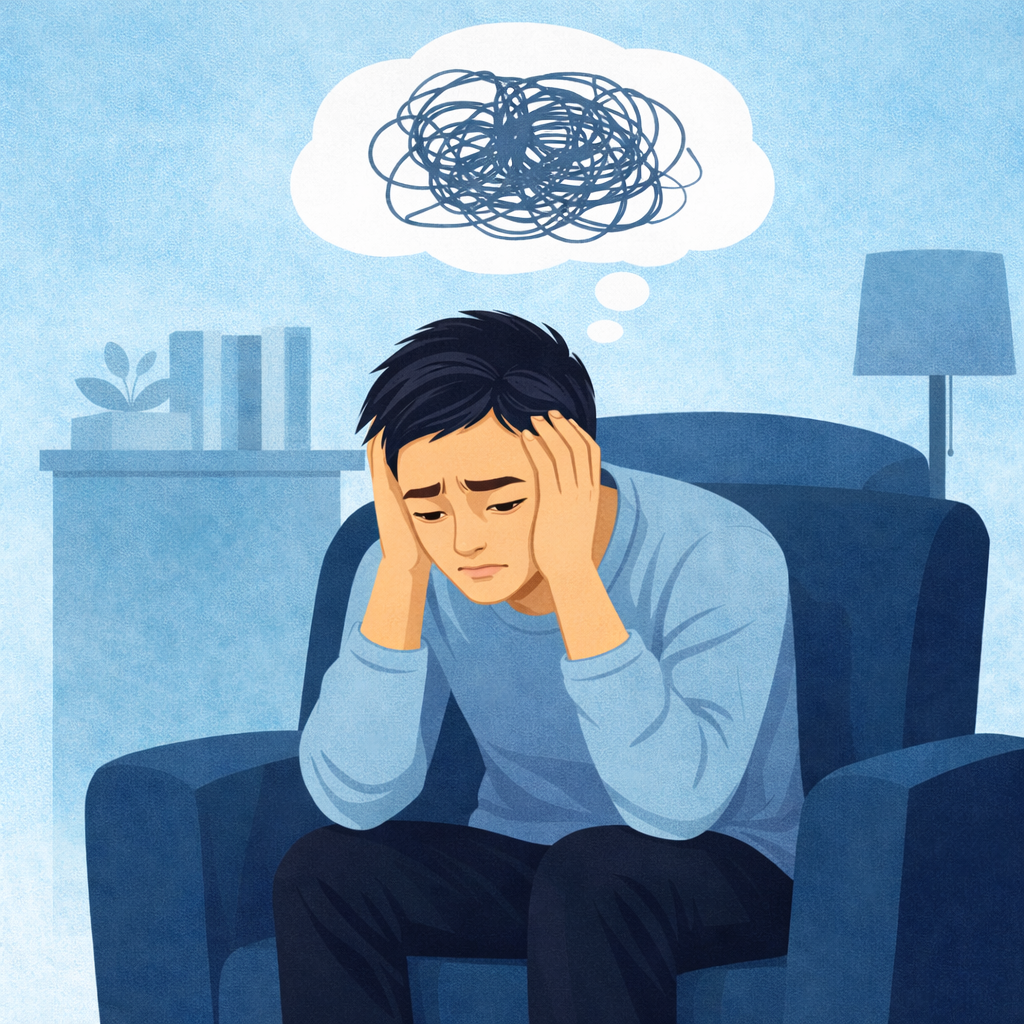 A man sitting in a chair holding his head, looking stressed or overwhelmed with a scribbled cloud above his head representing confusion or anxiety.