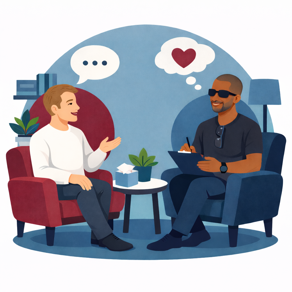 Therapist and patient having a counseling session in a cozy office with plants and books, discussing love and feelings.