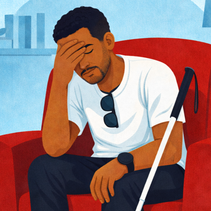 A man sitting on a red chair, holding his forehead with one hand, with sunglasses hanging from his shirt, wearing a black watch, and a white shirt, with a white cane resting against the chair.