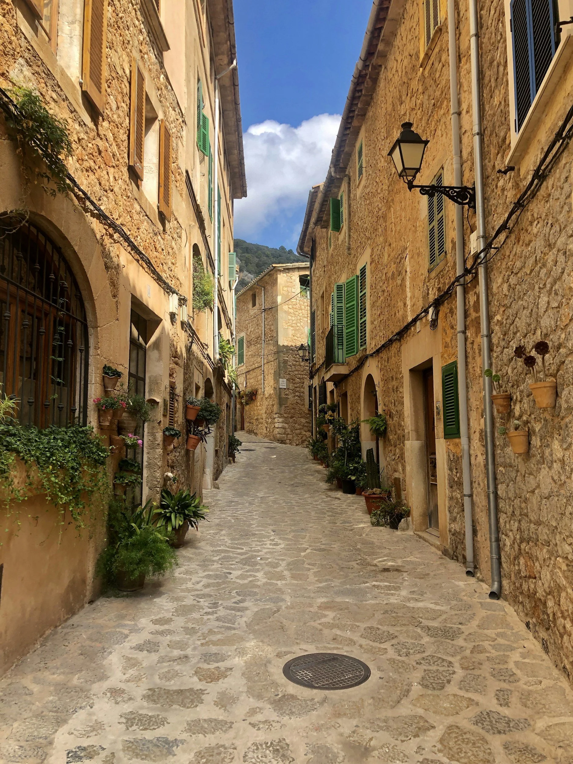 A narrow cobblestone alleyway lined with old stone buildings, some with green and brown shutters, adorned with potted plants and flowers. Bright blue sky with a few clouds is visible above.