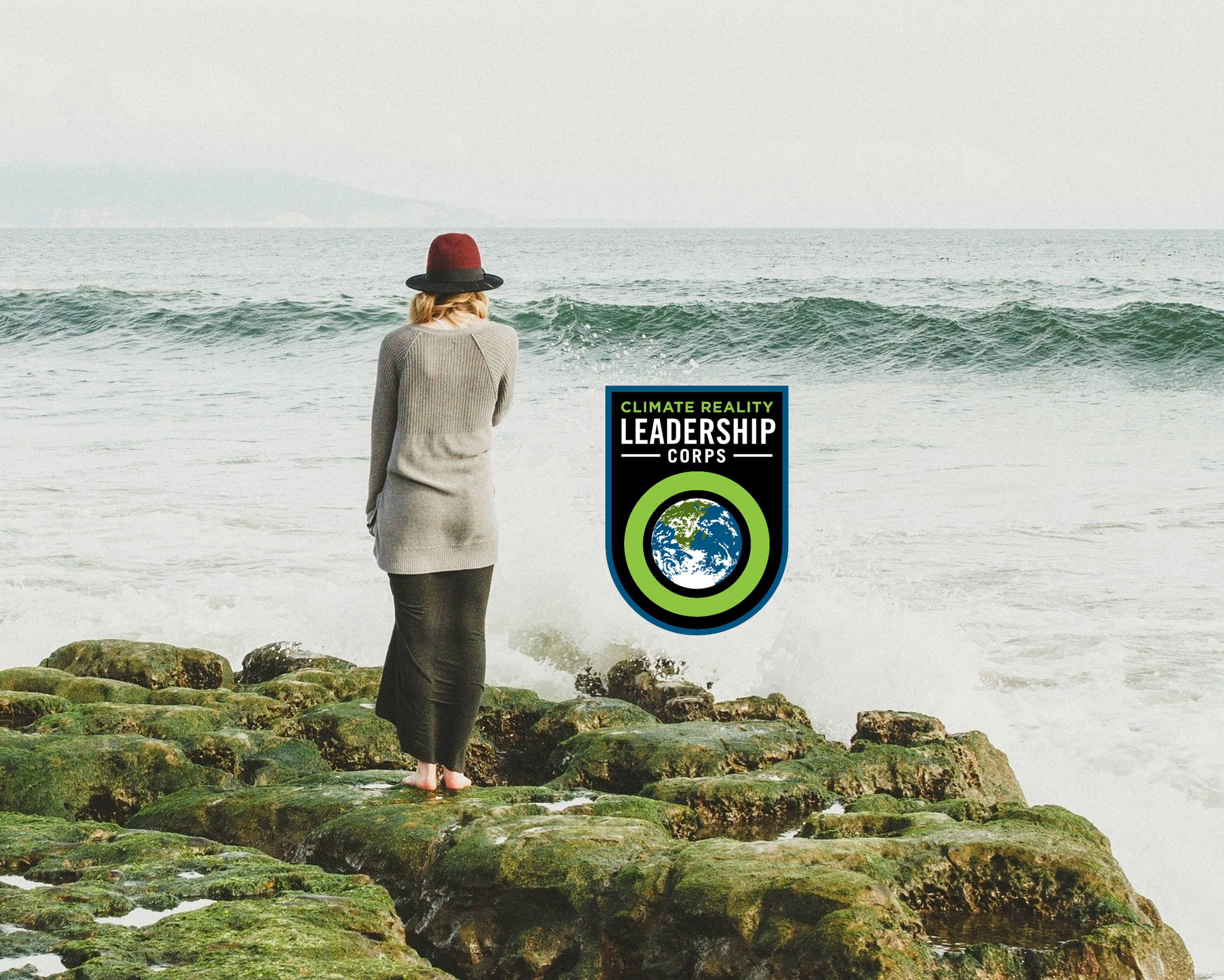 Social card for Climate Reality Leadership Corps: a person wearing a khaki skirt and red bucket hat standing on a rock by the ocean