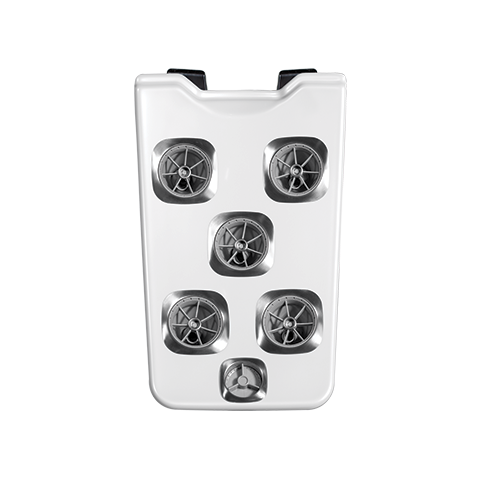 A top view of a portable pizza oven with six individual pizza compartments.