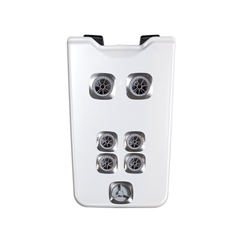 A white plastic device with six circular vents arranged in two columns and three rows, and a small circular dial at the bottom.