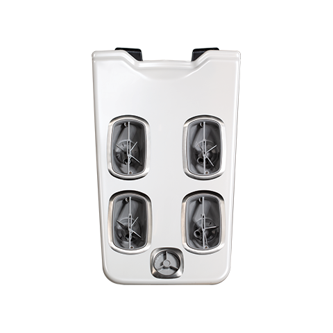 A white plastic container with four transparent compartments, each housing a small spinning fan, and a round vent at the bottom.