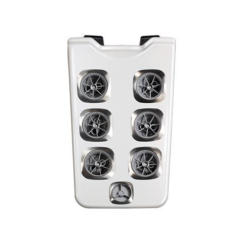 A white vertical plastic device with six small circular vents and a dial at the bottom.