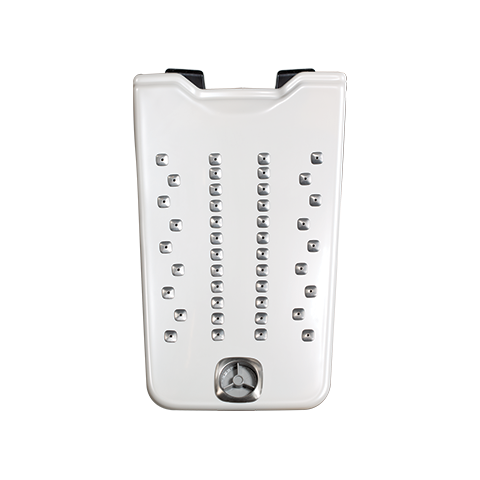 A white rectangular device with multiple small LED indicators arranged in rows and columns, and a small circular dial or button at the bottom center.