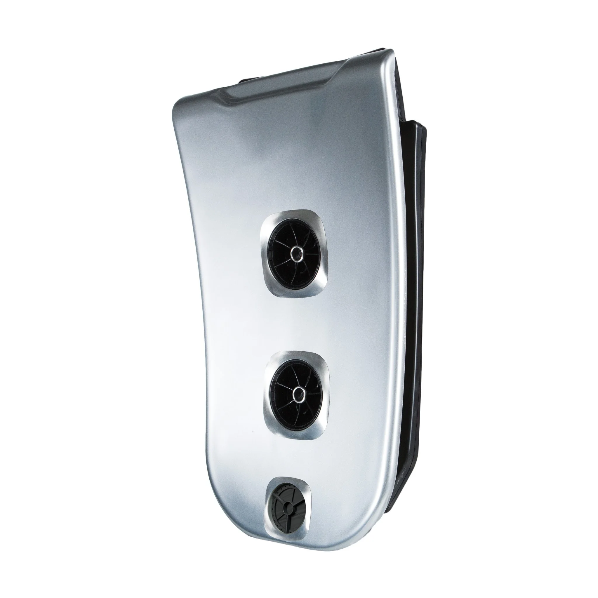 A silver electric vehicle charging station with three circular charging ports on its front face.