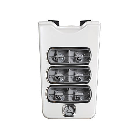 A white multi-burner outdoor propane grill with three burners and control knobs at the front.