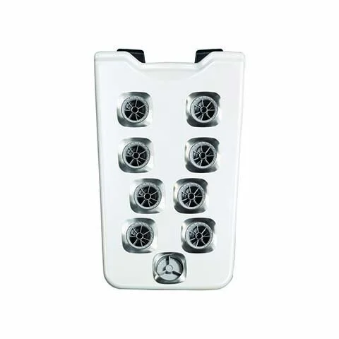 White plastic device with eight circular vents arranged in two columns and four rows, with a small circular component at the bottom.