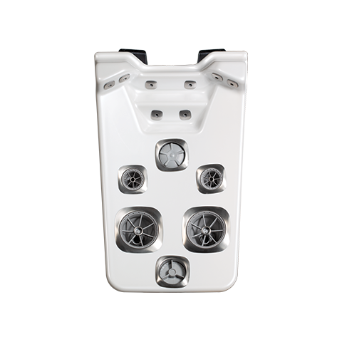 Empty white hot tub with multiple jets and control panel, on a black background.