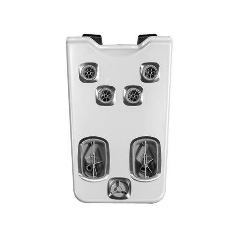 A white robotic pool cleaner with four large circular brushes and two propellers.