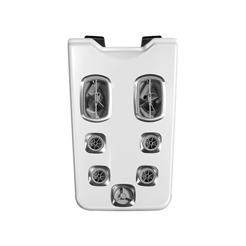 A white pool cleaner with six spinning brushes and two water vents.