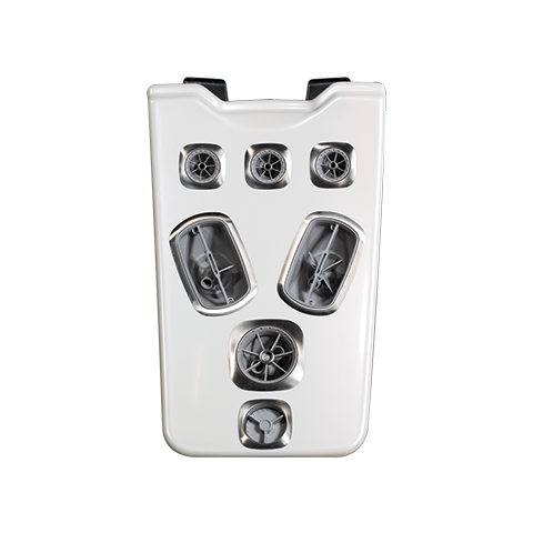 A white robotic device with multiple vents and circular openings, possibly a drone or industrial robot component.