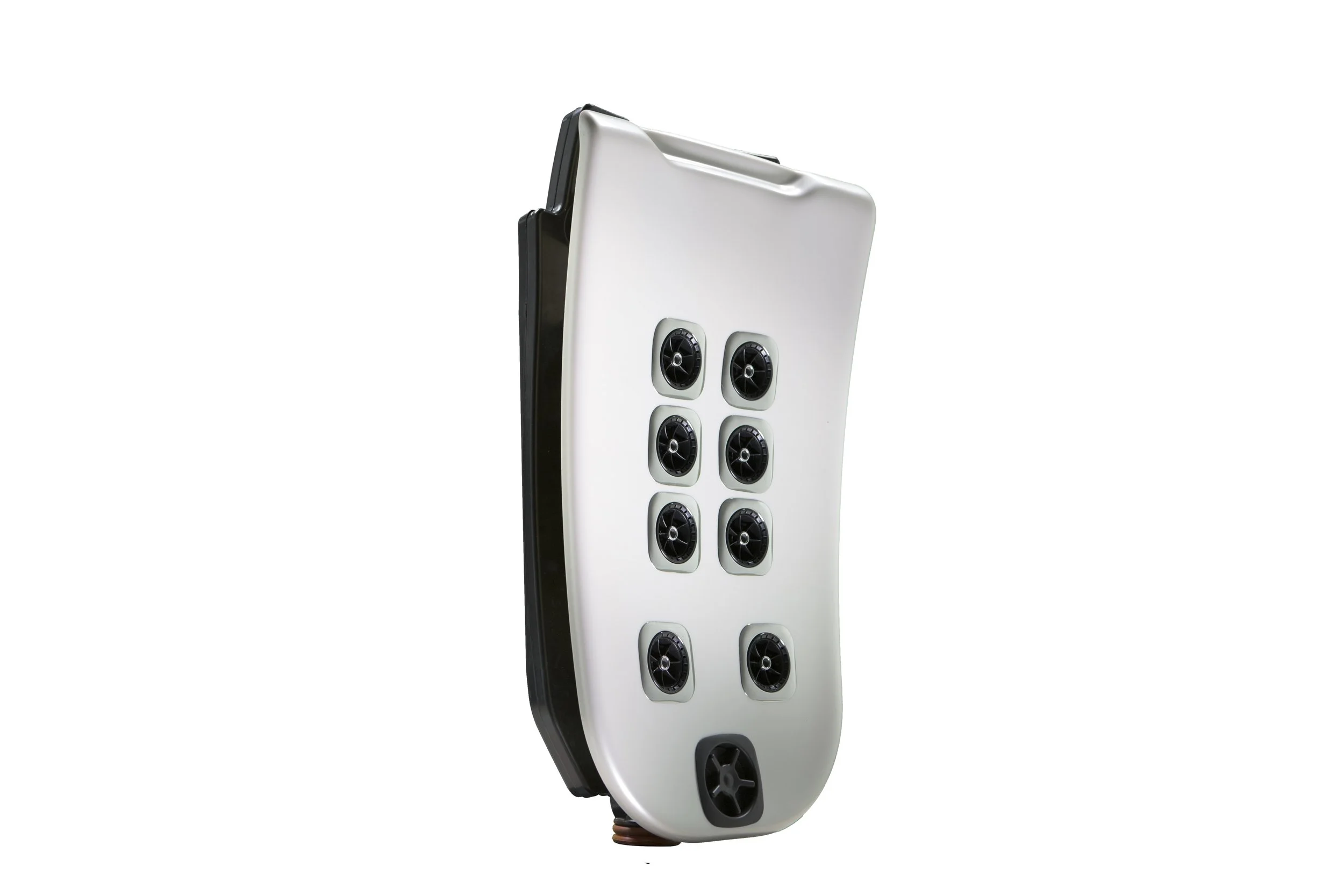 Close-up of a remote control with multiple buttons on a white background.