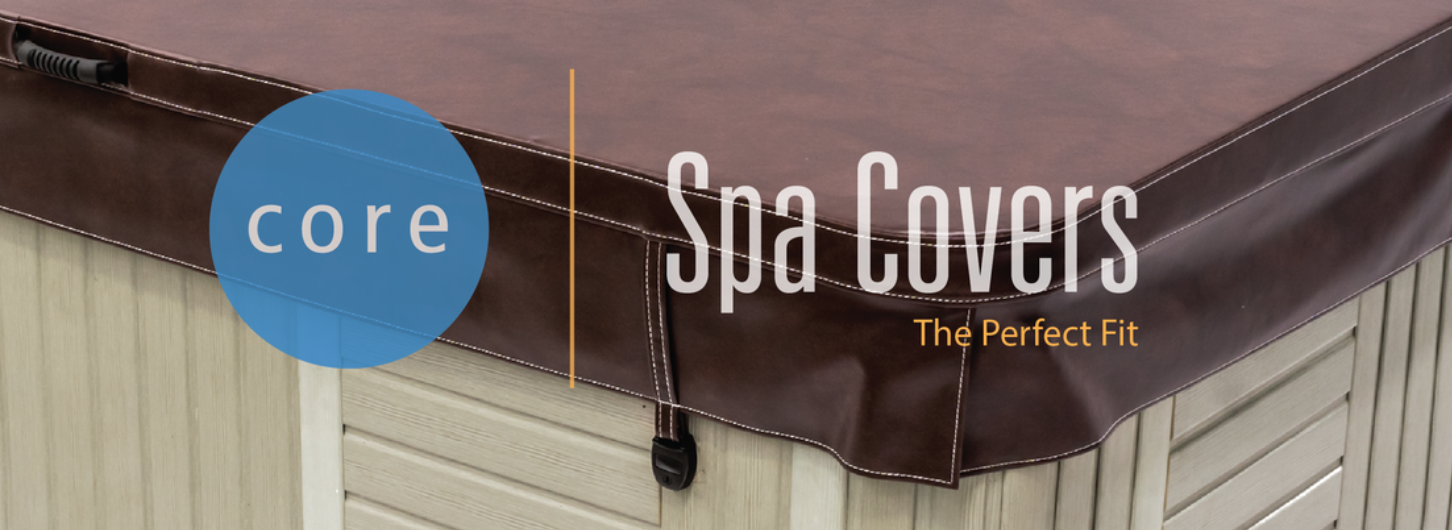 Close-up of a hot tub with a brown spa cover on top, wooden paneling around the hot tub, and graphic overlay with text about spa covers.