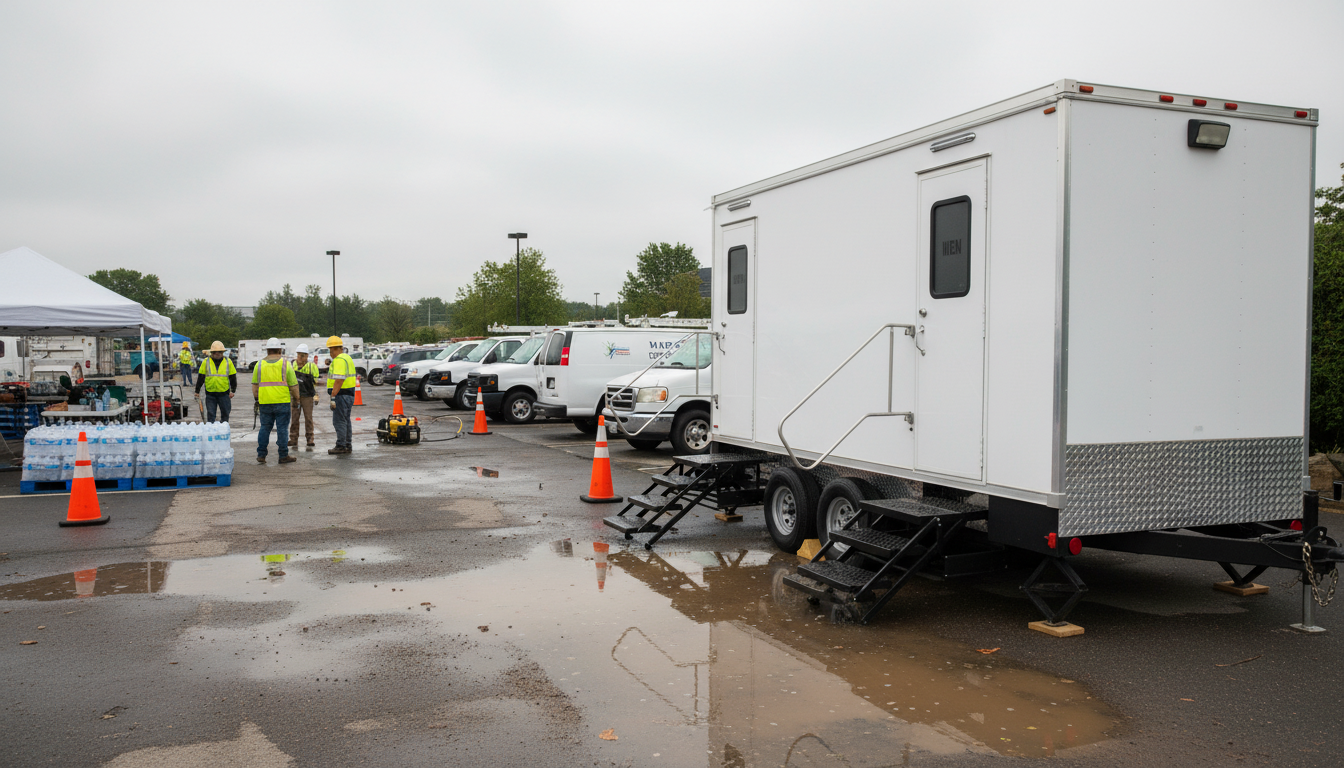 Construction workers in safety vests and hats in a parking lot near a white mobile office trailer and several parked cars, with orange safety cones and a food tent nearby, and puddles on the wet pavement.