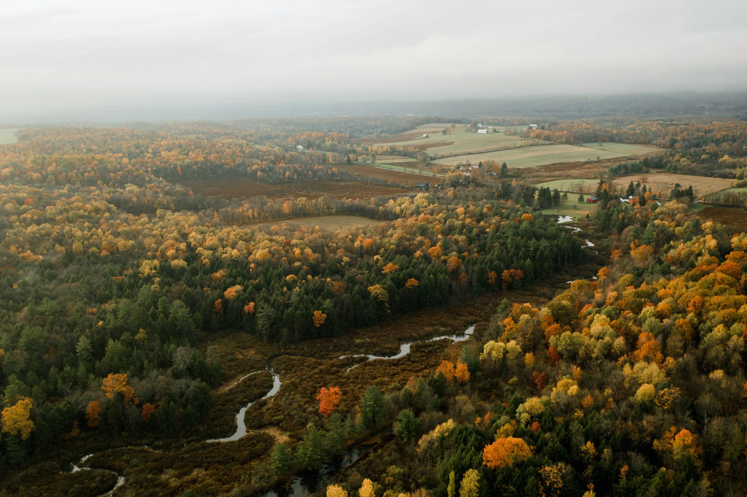 Aerial view of a fall landscape with colorful trees, a winding creek, fields, and farmhouses under a cloudy sky.