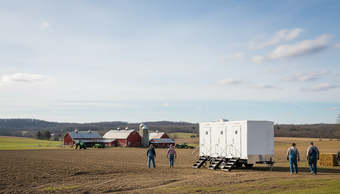 Farmers walking on a farm field near a white trailer with stairs, with a red barn and green tractors in the background under a blue sky with scattered clouds.