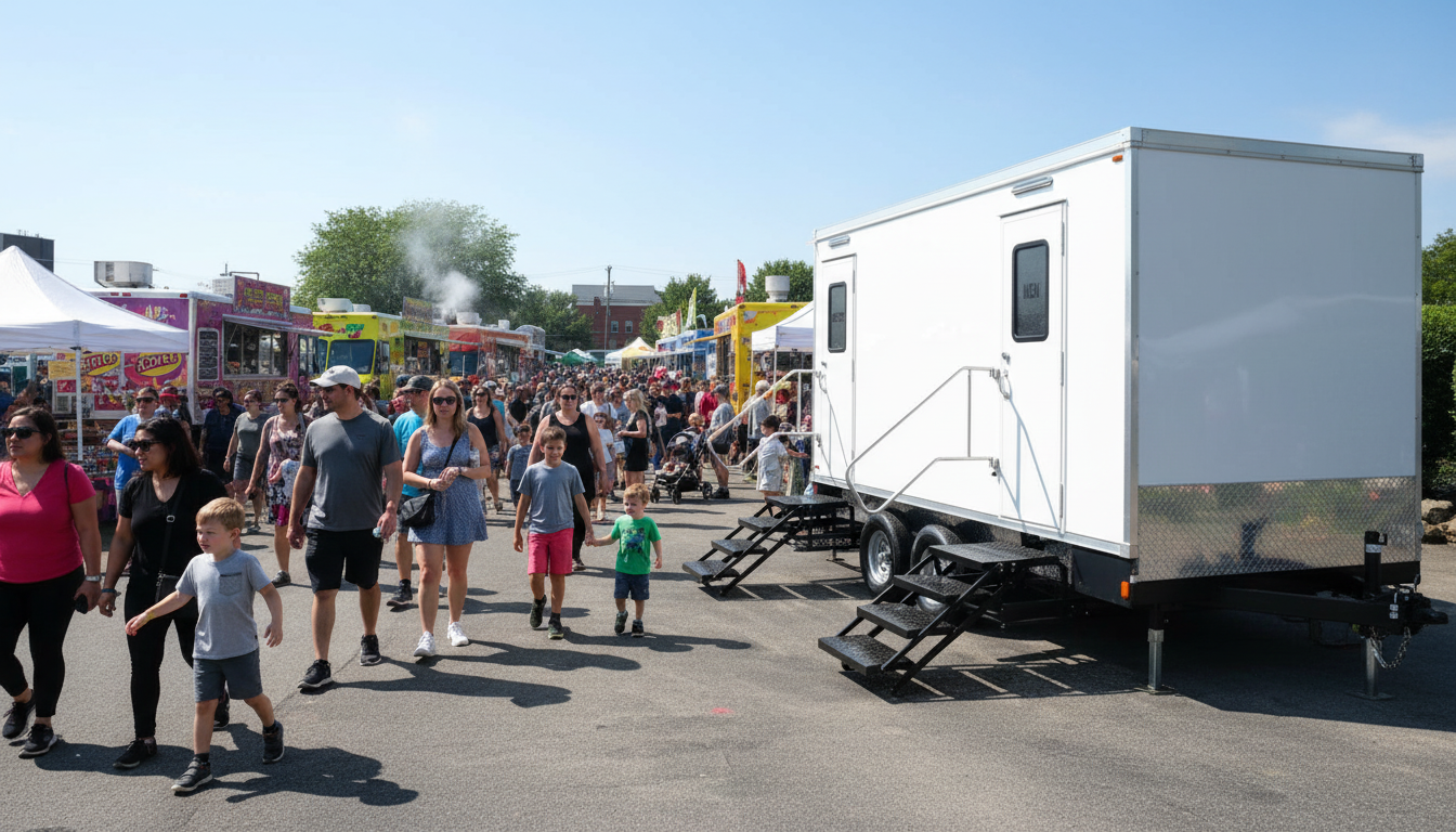People walking around food trucks at an outdoor festival on a sunny day.