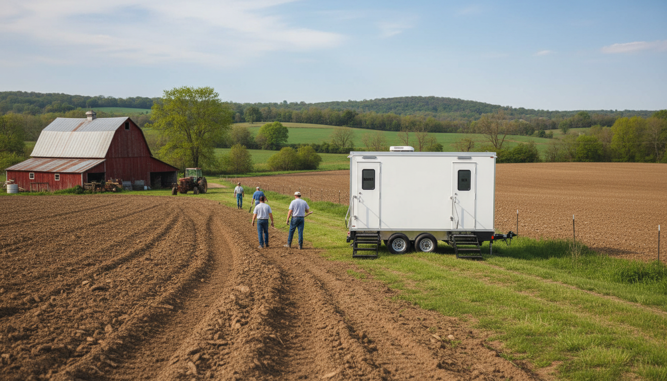 Farmers working in a large open field near a red barn, with rolling hills and trees in the background, and a white mobile office trailer nearby.