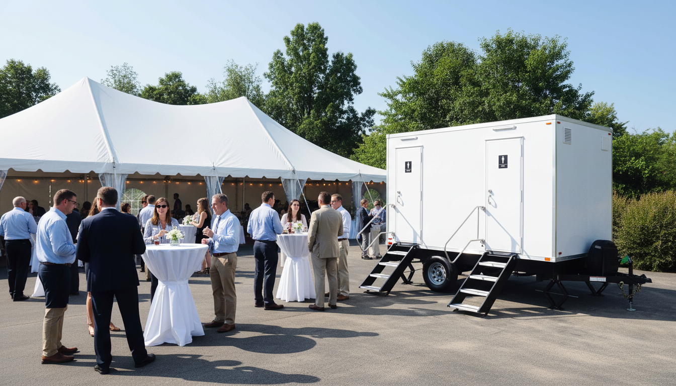People gathered outside a large white event tent on a sunny day, with a white portable restroom trailer nearby.