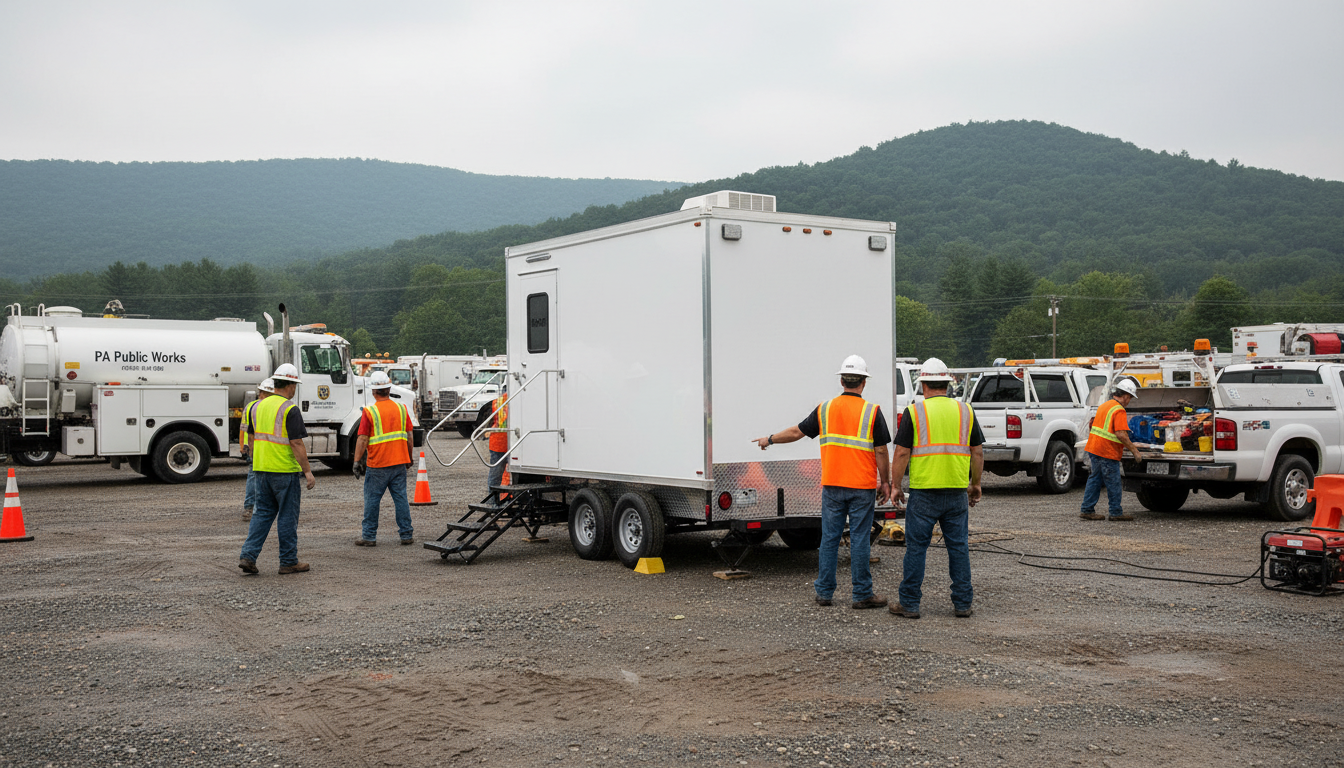 Field medical testing setup in a desert with white tents, mobile labs, and service vehicles, with military personnel and technicians, in a sunny dry landscape with cacti and mountains in the background.
