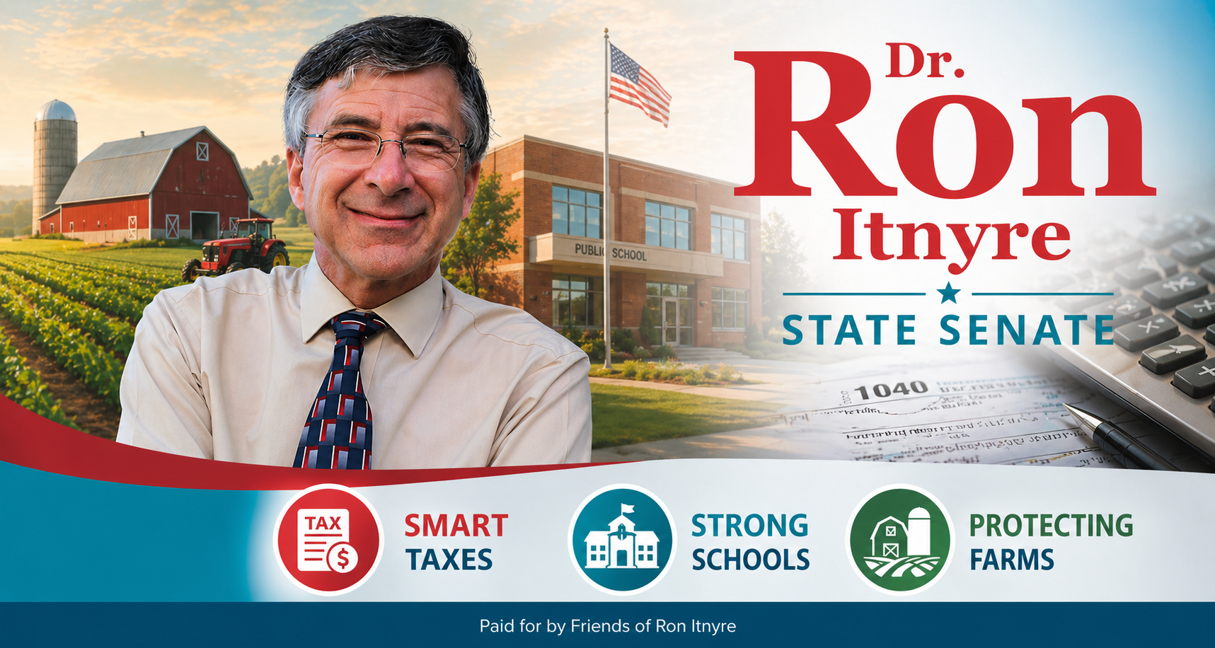 A promotional political campaign poster featuring a man smiling in front of a farm and school. The poster advocates for Ron Itnyre running for state senate, promoting smart taxes, strong schools, and protecting farms. It includes images of a barn, silo, tractors, a school building, and a calculator, with text indicating it is paid for by friends of Ron Itnyre.