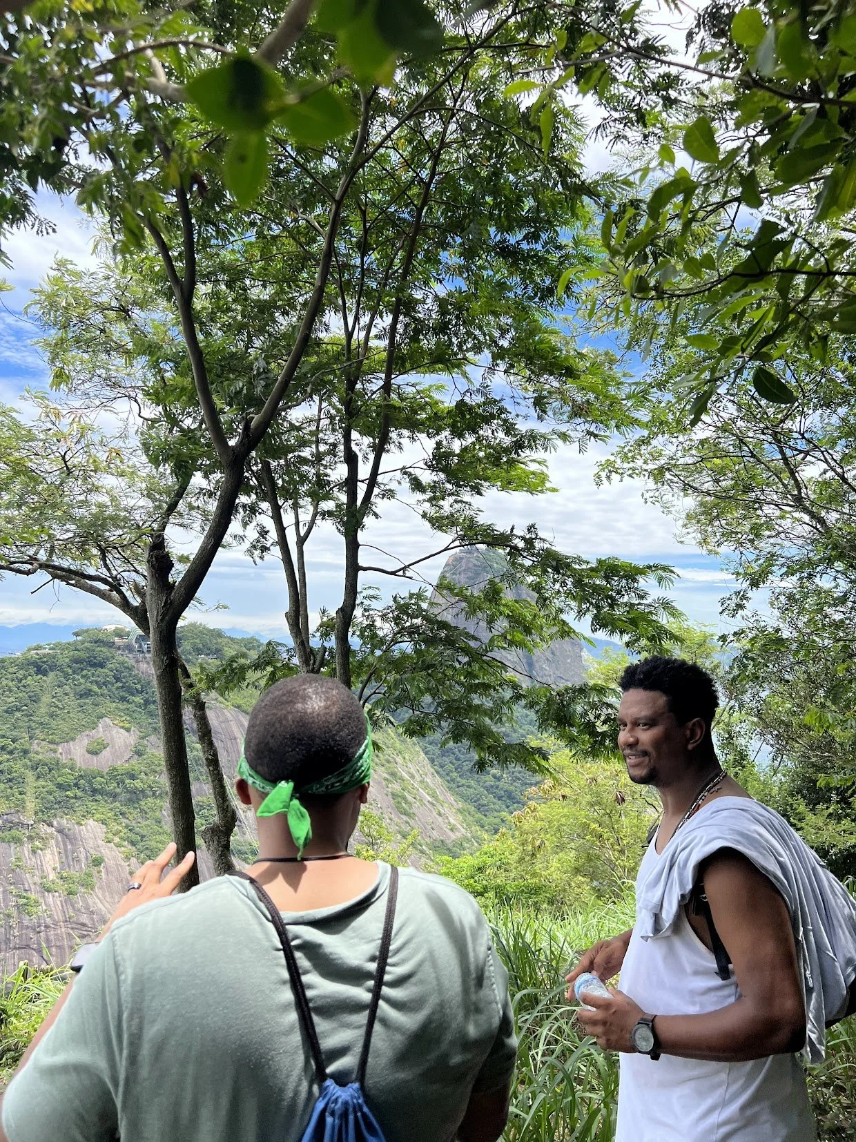 Two men in a green and white outdoor setting, with mountains and a waterfall in the background, are having a conversation under a tree.