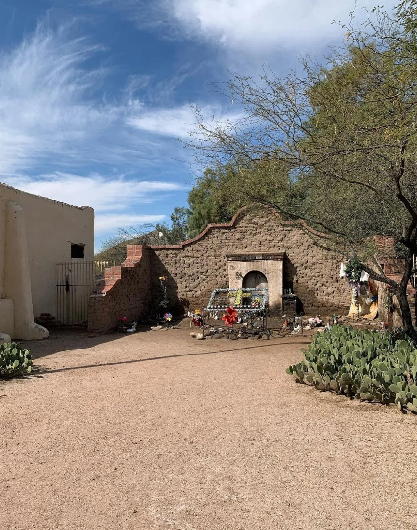 The shrine of El Tiradito in Tucson, Arizona, featuring a brick wall, surrounded by Sonoran desert plants, with a mesquite tree on the right and blue sky with clouds above. Tucson’s “A Mountain” can be seen in the background.