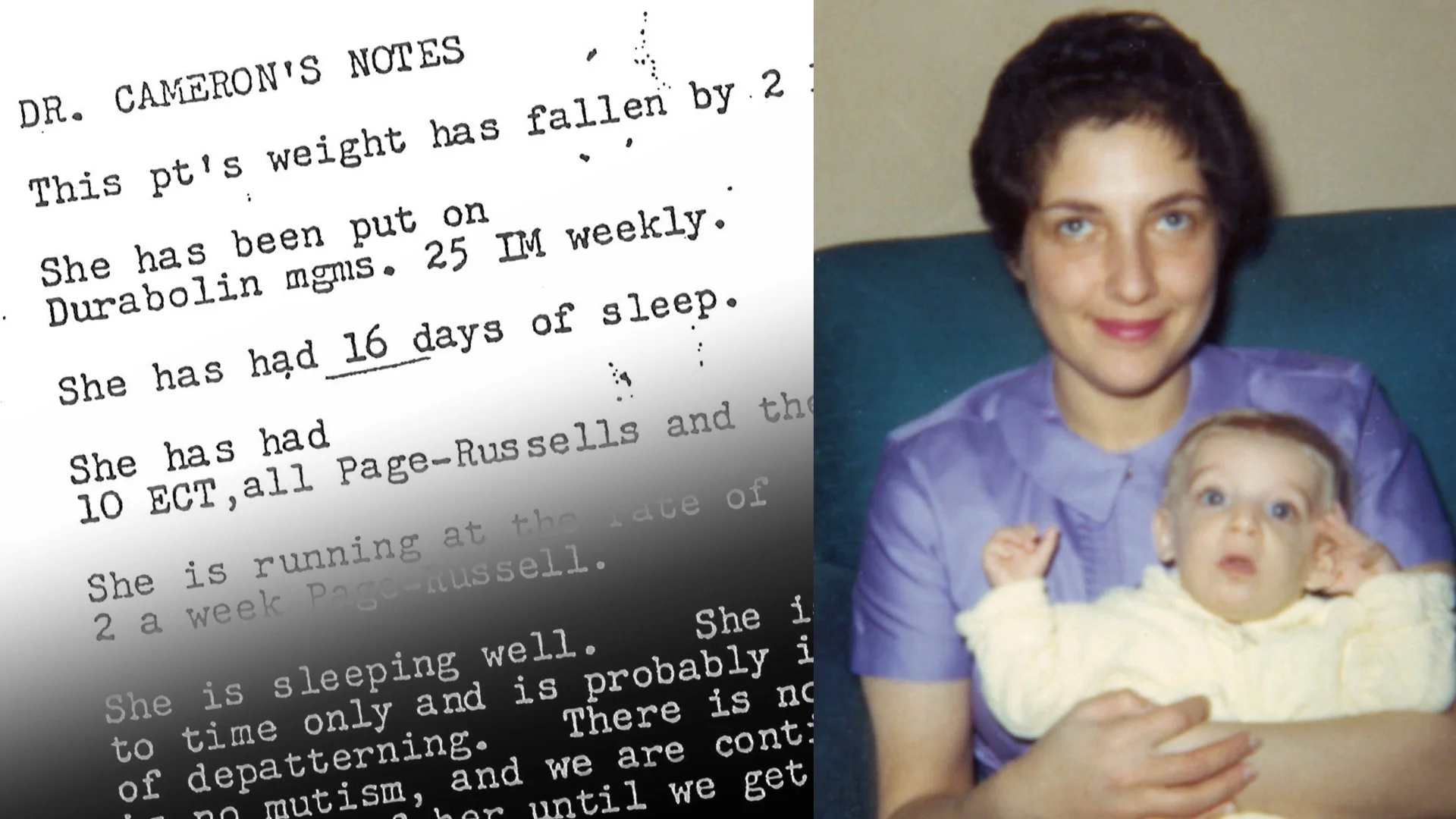 A woman with short dark hair and blue eyes holding a baby with light-colored hair, both sitting on a teal couch. The woman is wearing a purple top, and the baby is in a light yellow outfit. The image appears to be from the 1980s or 1990s, based on fashion and photo quality.