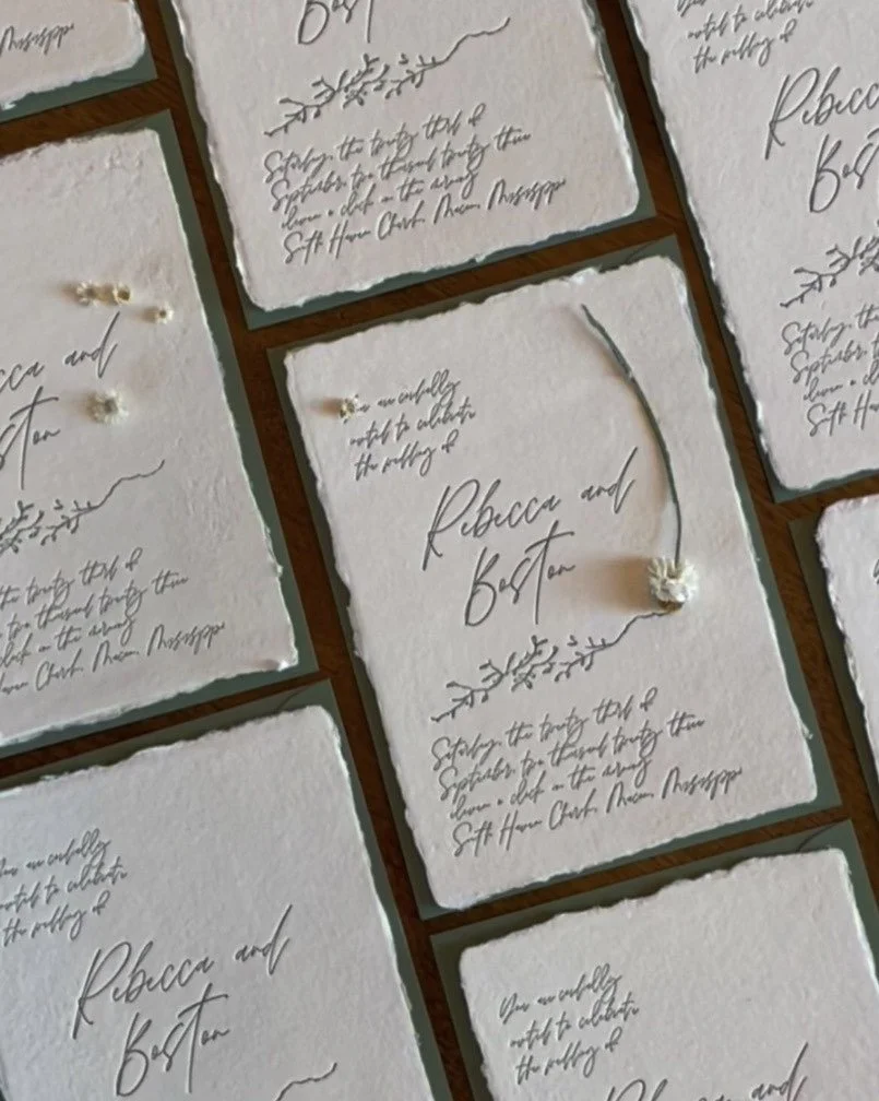 Handmade wedding or event stationery with elegant calligraphy, featuring names 'Rebecca and Bostan' and decorative floral elements, arranged on a wooden surface.