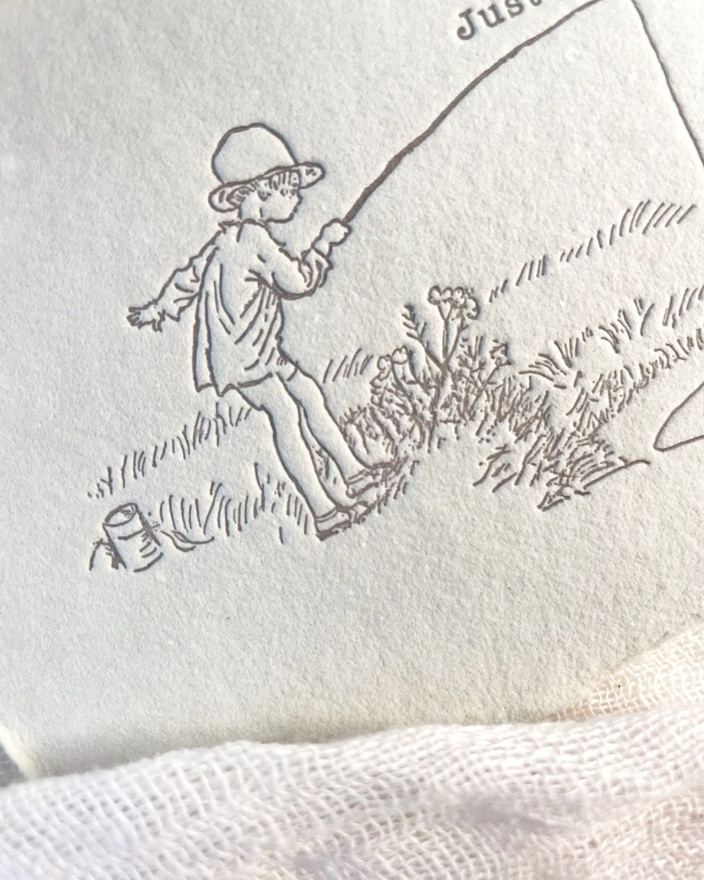 A line drawing of a girl in a dress, wearing a hat, walking on grass with small flowers and holding a long stick.