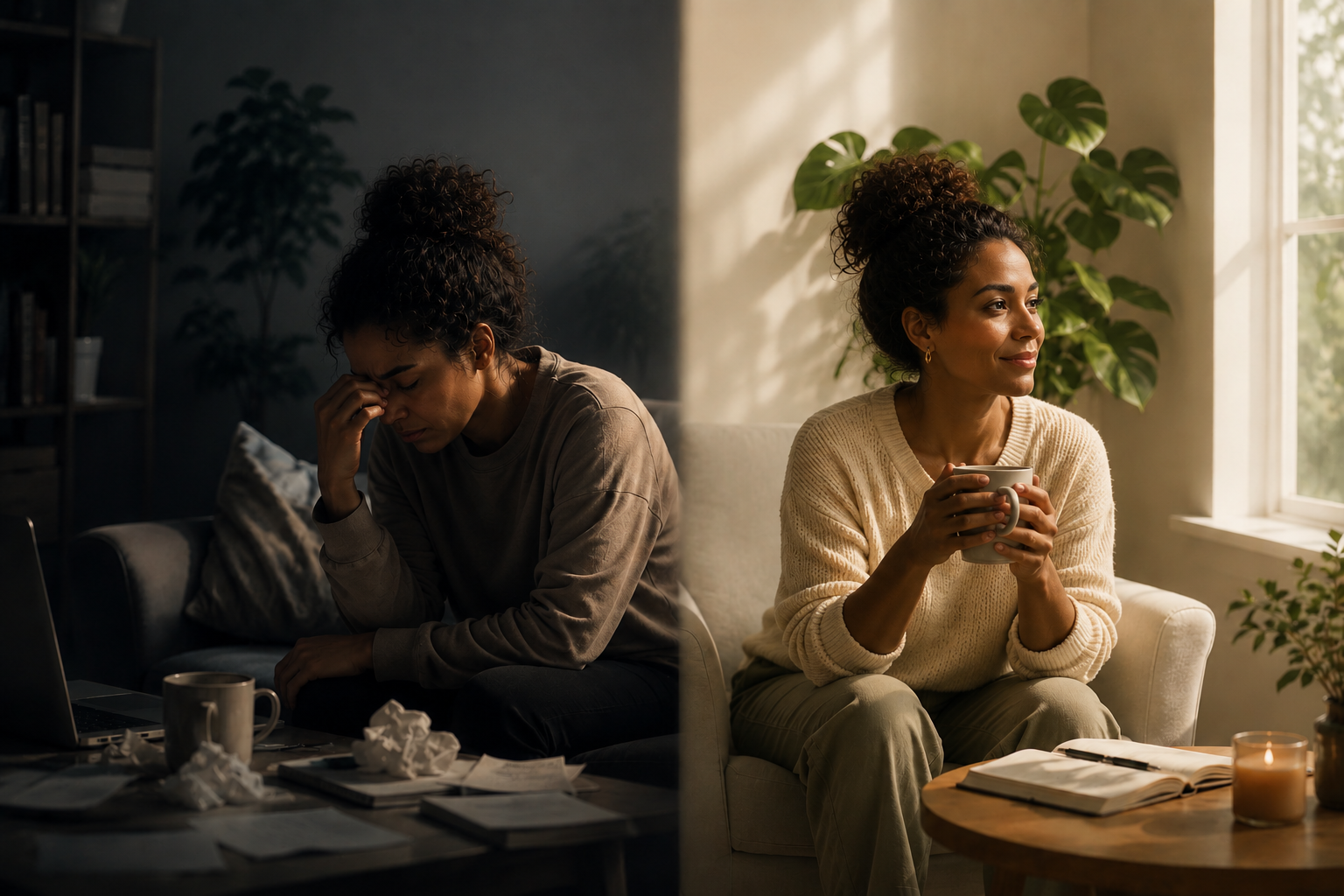 Woman experiencing emotional overwhelm on one side and calm self-confidence on the other, representing healing from self-doubt and negative self-talk.