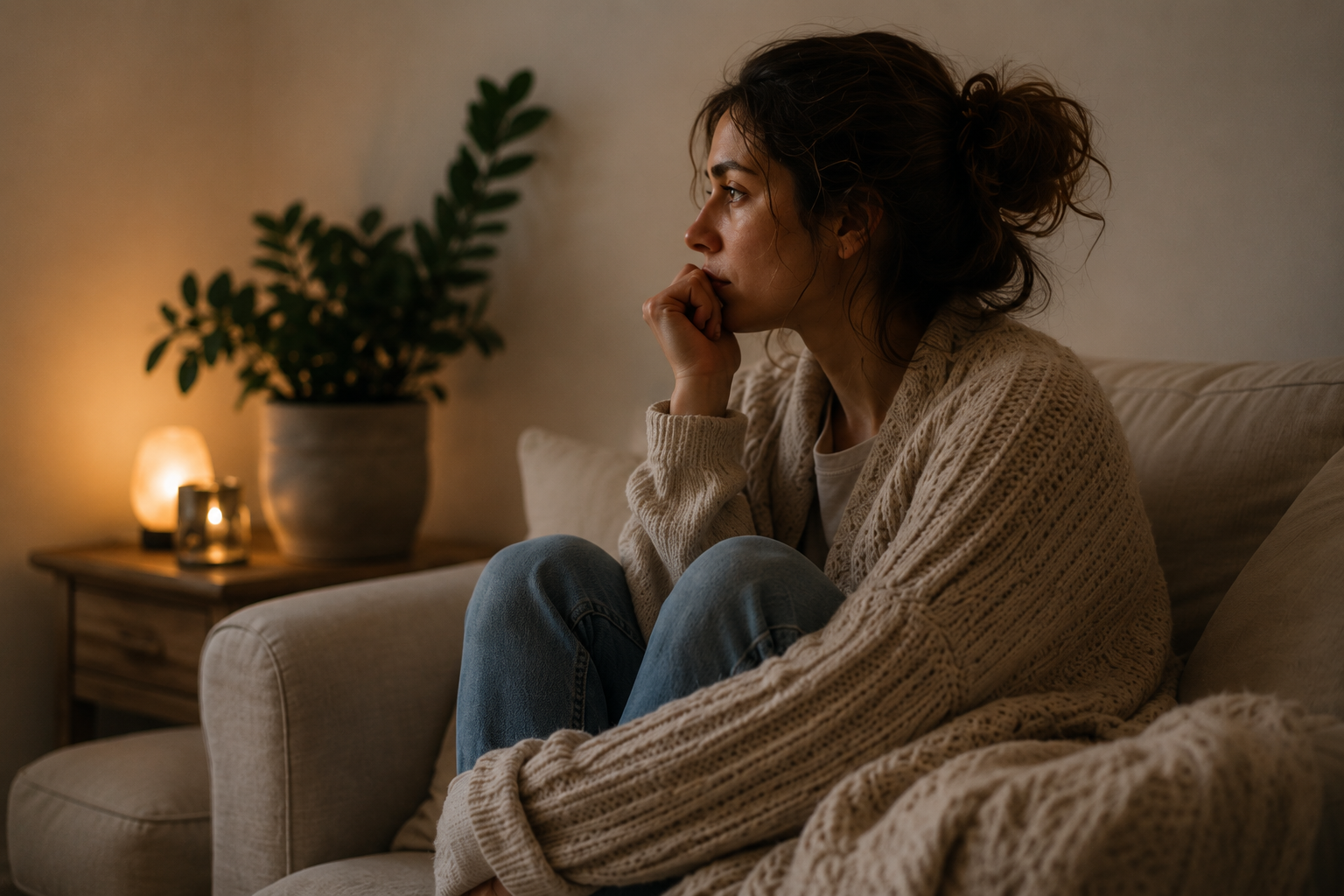 Woman sitting thoughtfully on a couch in a cozy living room, reflecting quietly in a warm, calming space representing emotional overwhelm, self-reflection, and trauma healing.