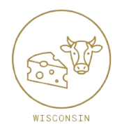 Illustration of Wisconsin cheese and a cow's head inside a circular border