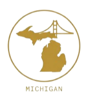Map of Michigan featuring a camel and the Golden Gate Bridge